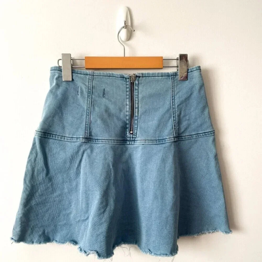 Free People Highlands A-line Blue Denim Fringe Flounce Mini Skirt Size 0